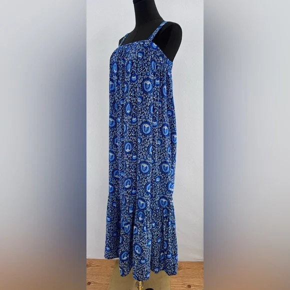 Old Navy Midi Dress Women's Blue Tiered Floral Boho Beach Sz M Lightweight - Picture 1 of 10